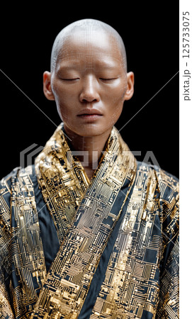 Asian male, hyper realistic, full body, futuristic fashion, gold black robe, serene emotion 125733075