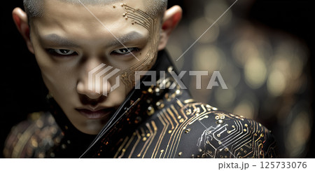 Asian male hyper realistic fashion full body futuristic gold circuit pattern intense 125733076