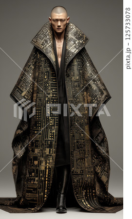 Futuristic fashion, Asian male, hyper realistic, full body, digital pattern, dramatic coat 125733078