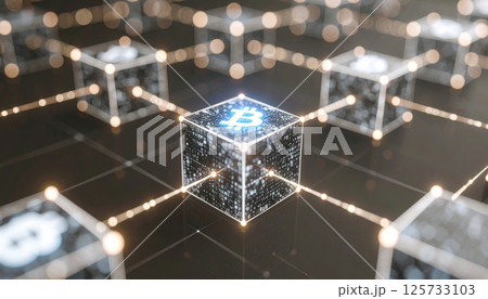 Digital blockchain technology illustration featu interconnected glowing cubes with a prominent bitcoin symbol in the center on a dark background Digital blockchain technology illustration featu interconnected glowing cubes with a prominent bitcoin symbol in the center on a dark background 125733103