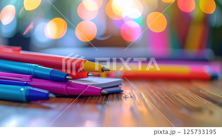 Vibrant colorful markers stacked on wooden surface with blurred multicolored bokeh background for artistic, creative, and craft activities or office supplies Vibrant colorful markers stacked on wooden surface with blurred multicolored bokeh background for artistic, creative, and craft activities or office supplies 125733195