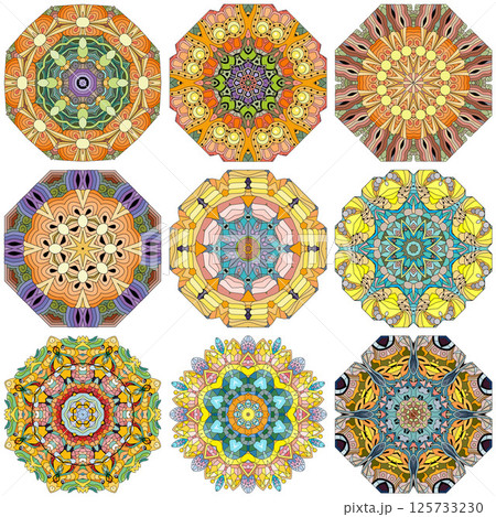 Set of colorful cute Mandalas. Decorative unusual round ornaments. 125733230