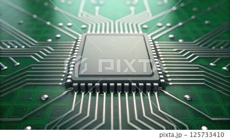 Close-up of a modern computer microprocessor chip with detailed green circuit board and intricate electronic pathways for processing technology and digital systems 125733410