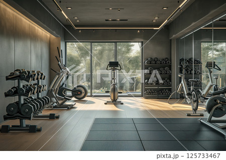 An interior gym with a modern fitness room different sport equipment AI Generative 125733467