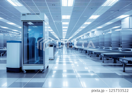 On conveyor belt of luggage scanning machine at airport counter, there is an X-ray machine for baggage check-in AI Generative 125733522