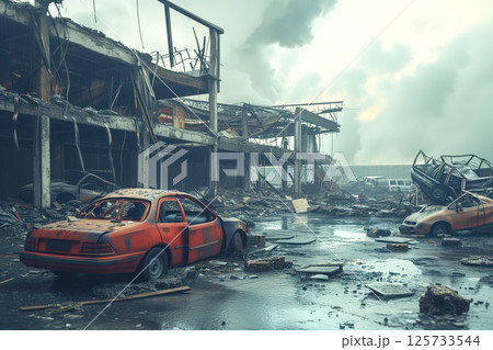 As result of terrorist attacks in building with is shopping center crushed and car were damaged Generative AI 125733544