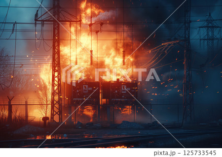 An electric power plant did experience fire as result of an explosion AI Generative 125733545