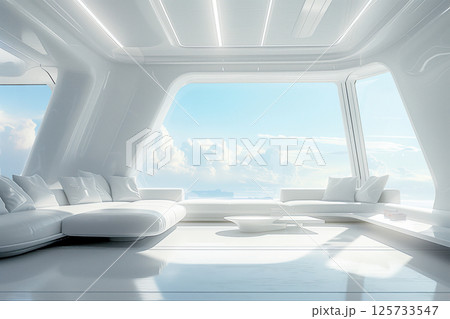 White living room with big windows a minimalist furniture with classic interior design aesthetic. AI Generative 125733547