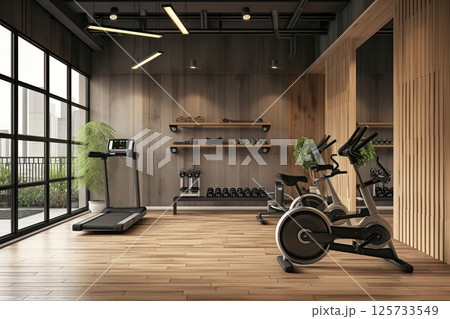 Interior gym modern fitness room different sport equipment center AI Generative 125733549