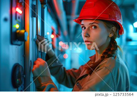 Female technician operates equipment in modern industrial setting with colorful LED lights focused expression. 125733564