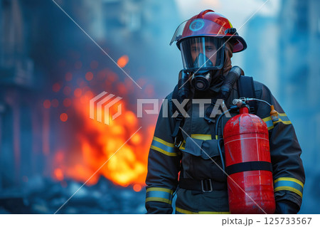 Firefighter equipped with mask and extinguisher faces large blaze in city, ready to act save lives. 125733567