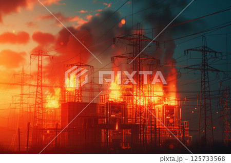 As result of terrorist attack, an electric power substation was blown up, causing fire to spread throughout the entire building. Generative AI 125733568