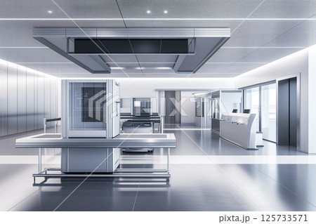 Baggage check-in X-ray machine is located at an airport counter beneath luggage scanner. AI Generative 125733571