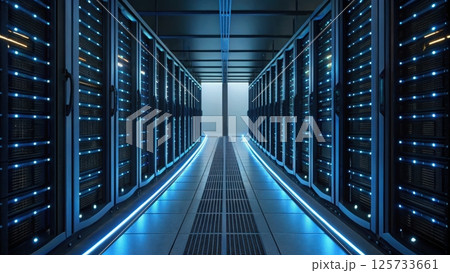 Modern data center server room with rows of illuminated black cabinets and cooling systems for high capacity data storage and processing efficiency 125733661