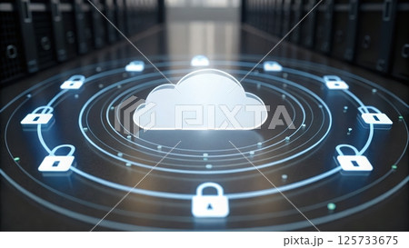 High Tech Cloud Computing Network Security Concept with Digital Lock Icons and Data Storage in a Futuristic Cloud Environment 125733675
