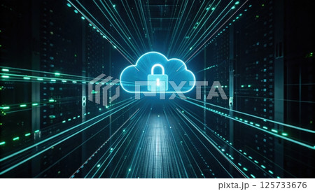 Digital Cloud Computing Security Concept with Lock Icon in a Futuristic Cyber Environment Representing Data Protection and Cybersecurity Technology 125733676