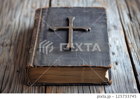 Holy Bible on a wooden table with dark cover a cross on it AI Generative Holy Bible on a wooden table with dark cover a cross on it AI Generative 125733745