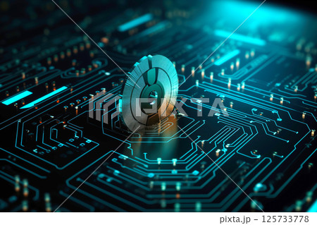 Metallic disk sits prominently on circuit board, lit by illumination that enhances high tech environment. Metallic disk sits prominently on circuit board, lit by illumination that enhances high tech environment. 125733778