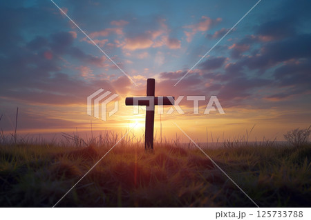 Symbolizing Crucifixion of Jesus Christ, Easter cross is seen at dawn AI Generative 125733788