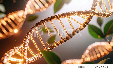 Highly detailed close-up of a glowing DNA double helix model with green leaves in the background representing science nature biotechnology molecular biology and genetic research 125733941