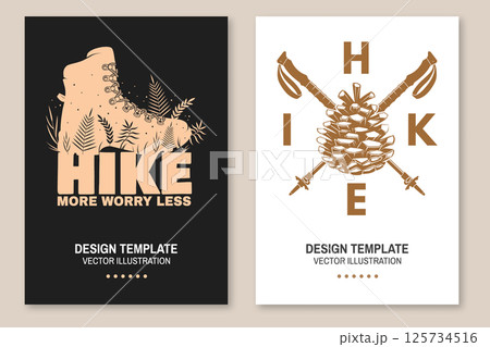 Outdoor adventure flyer, poster, banner design. Concept for shirt or logo, print, stamp or tee with pine cone and hiking poles, spoon, hiking boot and grass silhouette. Vector Outdoor adventure flyer, poster, banner design. Concept for shirt or logo, print, stamp or tee with pine cone and hiking poles, spoon, hiking boot and grass silhouette. Vector 125734516