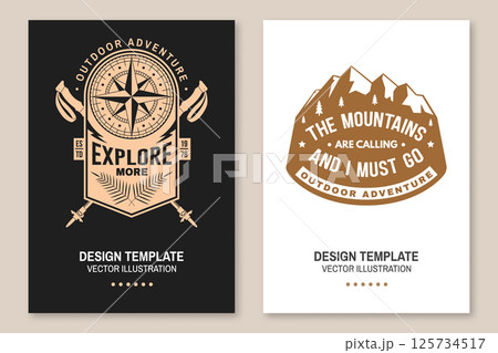 Outdoor adventure flyer, poster, banner design. Vector. Concept for shirt or logo, print, stamp or tee. Vintage typography design with old retro compass, mountain and trekking sticks. Outdoor adventure flyer, poster, banner design. Vector. Concept for shirt or logo, print, stamp or tee. Vintage typography design with old retro compass, mountain and trekking sticks. 125734517