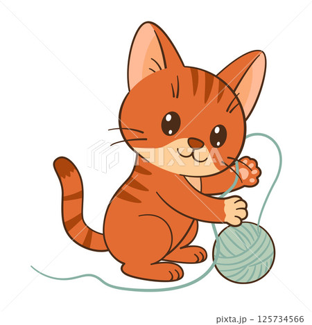 Kitten playing with ball of yarn. Cute ginger tabby kitten in Flat style Chibi cat Kitten playing with ball of yarn. Cute ginger tabby kitten in Flat style Chibi cat 125734566