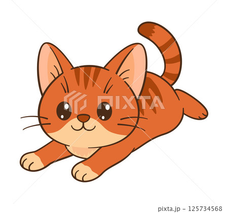 Cute orange tabby kitten is lying on his belly. Chibi ginger Cat. Flat style 125734568