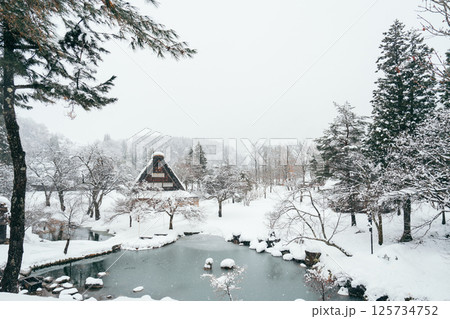 【岐阜県】雪の降る冬の白川郷・五箇山の合掌造り集落 【岐阜県】雪の降る冬の白川郷・五箇山の合掌造り集落 125734752