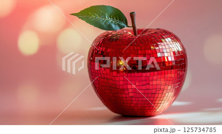 Red apple shaped disco ball reflecting light on red background, creative decor concept 125734785
