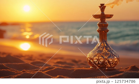 Hookah on tropical beach with ocean and palm trees, exotic relaxation concept 125734786