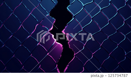 A futuristic depiction of a broken mesh fence, illuminated by radiant neon gradients 125734787
