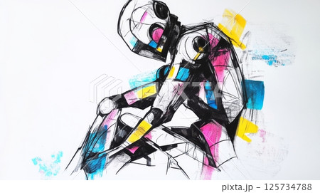Sketch of a contemplative robot sitting close with colorful accents, abstract art 125734788