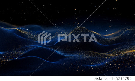 Abstract wave of blue and gold particles. Futuristic digital landscape background 125734790
