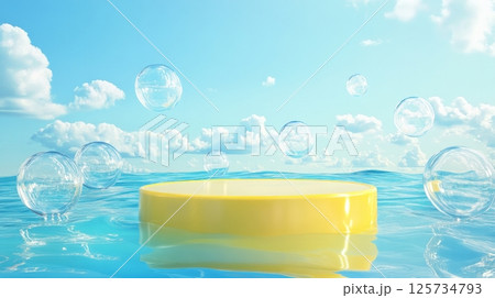 Sea with yellow podium for luxury product presentation with transparent bubbles 125734793