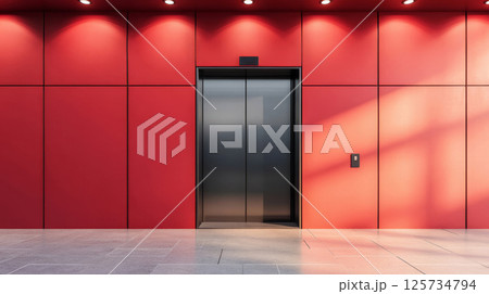 Modern elevator with closed doors in a red interior, contemporary architecture concept 125734794
