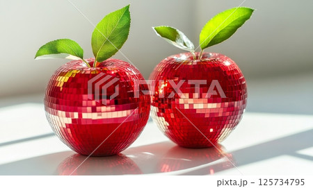 Two red apple shaped disco ball reflecting light on white background, creative decor concept 125734795