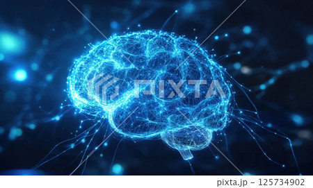 Glowing blue digital brain with interconnected nodes and flowing data streams on a dark background. Represents artificial intelligence, neural networks, or human consciousness AI generated 125734902