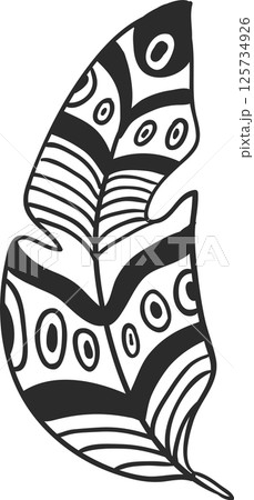 Stylized feather featuring a decorative pattern of black and white stripes and dots, offering a simple yet intricate design suitable for various creative projects 125734926