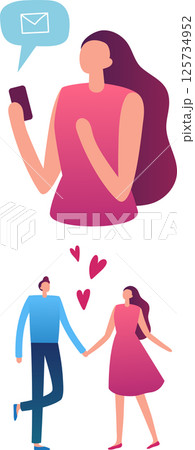 Young woman receiving a heartfelt message, envisioning moments of joy while holding hands with her boyfriend, radiating love and happiness in their romantic connection Young woman receiving a heartfelt message, envisioning moments of joy while holding hands with her boyfriend, radiating love and happiness in their romantic connection 125734952