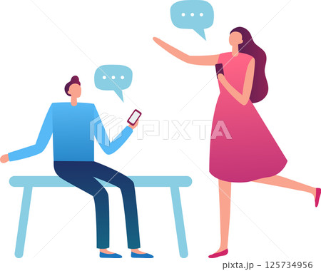 Young man sitting on a bench and chatting online with a standing woman, both holding smartphones and with speech bubbles above them, representing online communication and social media interaction Young man sitting on a bench and chatting online with a standing woman, both holding smartphones and with speech bubbles above them, representing online communication and social media interaction 125734956