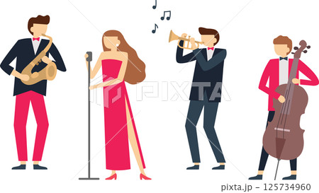 Jazz band performing during a concert with musicians playing saxophone, a female singer using a microphone, a trumpet player and a cello player 125734960