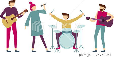 Four musicians playing together in a band, featuring two guitarists strumming their instruments, a drummer keeping the beat, and a singer delivering captivating vocals on stage 125734961