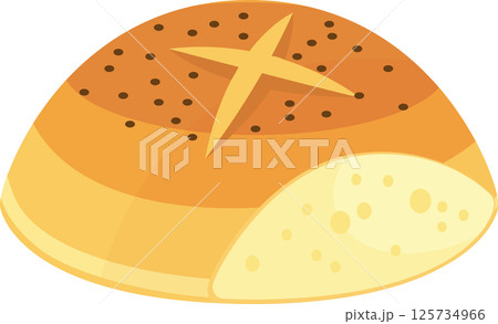 Freshly baked round loaf of bread featuring a cross and topped with poppy seeds, revealing a soft, airy interior and a perfectly golden crust, ideal for any meal Freshly baked round loaf of bread featuring a cross and topped with poppy seeds, revealing a soft, airy interior and a perfectly golden crust, ideal for any meal 125734966