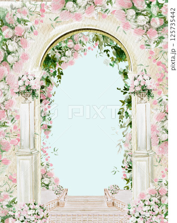 Watercolor wedding card with .arch and blooming roses. Illustration Watercolor wedding card with .arch and blooming roses. Illustration 125735442