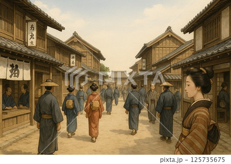 江戸時代の町並みを歩く人々 125735675