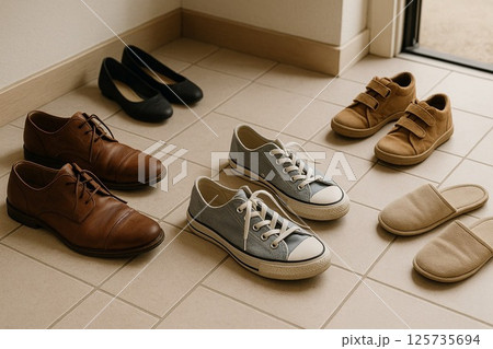 玄関に散らばる靴たち 125735694