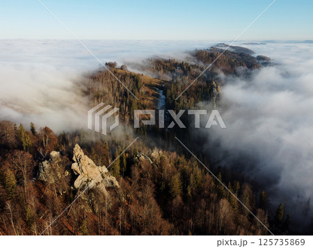 Aerial view of rock formations emerge through blanket of clouds. Rocky outcrops stand out against dense forest, creating dramatic contrast with soft, foggy atmosphere. Carpathian mountains, Ukraine. Aerial view of rock formations emerge through blanket of clouds. Rocky outcrops stand out against dense forest, creating dramatic contrast with soft, foggy atmosphere. Carpathian mountains, Ukraine. 125735869