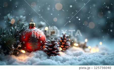 Winter Glow: Snowy Ornament with Pine Cones and Lights 125736040