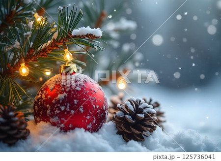 Frosted Elegance: Snowy Ornament with Pine Cones and Lights 125736041